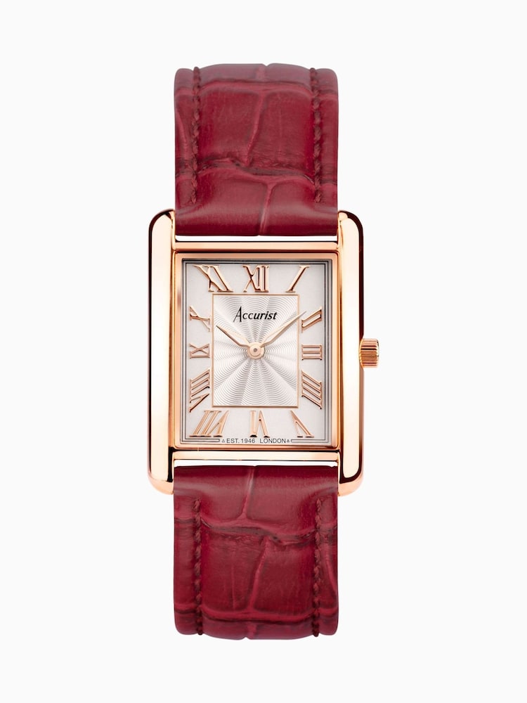 Accurist Ladies Gold Tone Rectangle Burgundy Leather Strap 26mm Watch - Image 1 of 6