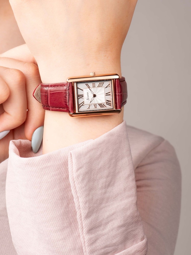 Accurist Ladies Gold Tone Rectangle Burgundy Leather Strap 26mm Watch - Image 6 of 6