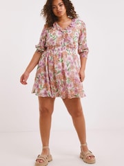 Simply Be Georgette Skaterkleid mit Rüschen und Blumenmuster, Weiß - Bild 3 von 5