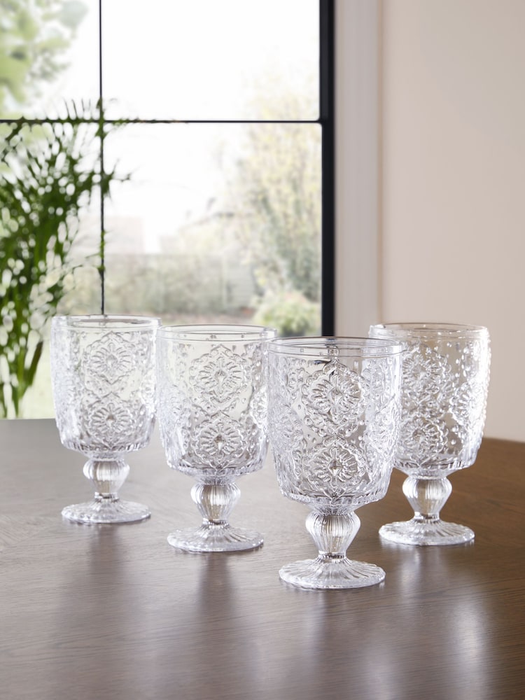 Set of 4 Clear Sophia Embossed Wine Glasses - Image 1 of 7