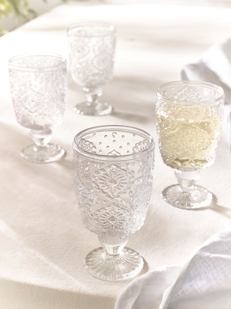 Set of 4 Clear Sophia Embossed Wine Glasses - Image 6 of 7