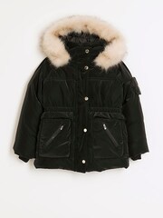River Island Black Girls Heavy Weight Cinched Coat - Image 1 of 4