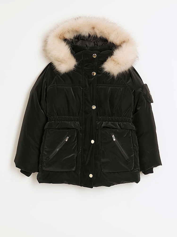 River Island Black Girls Heavy Weight Cinched Coat - Image 1 of 4