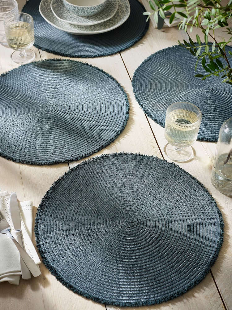 Set of 4 Teal Blue Fringe Placemats - Image 1 of 4 Set of 4 Teal Blue Fringe Placemats - Image 1 of 4