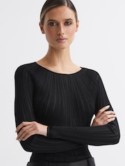 Reiss Black Lenni Sheer Knitted Long Sleeve Top - Image 1 of 5
