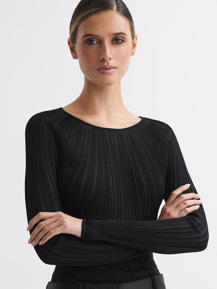 Reiss Black Lenni Sheer Knitted Long Sleeve Top - Image 1 of 5 Reiss Black Lenni Sheer Knitted Long Sleeve Top - Image 1 of 5