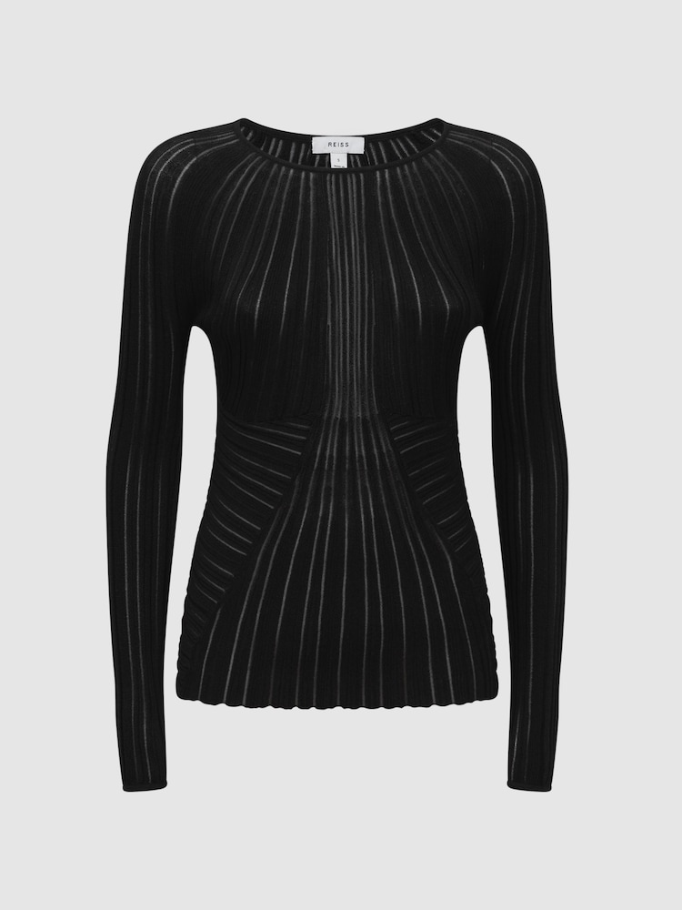 Reiss Black Lenni Sheer Knitted Long Sleeve Top - Image 2 of 5