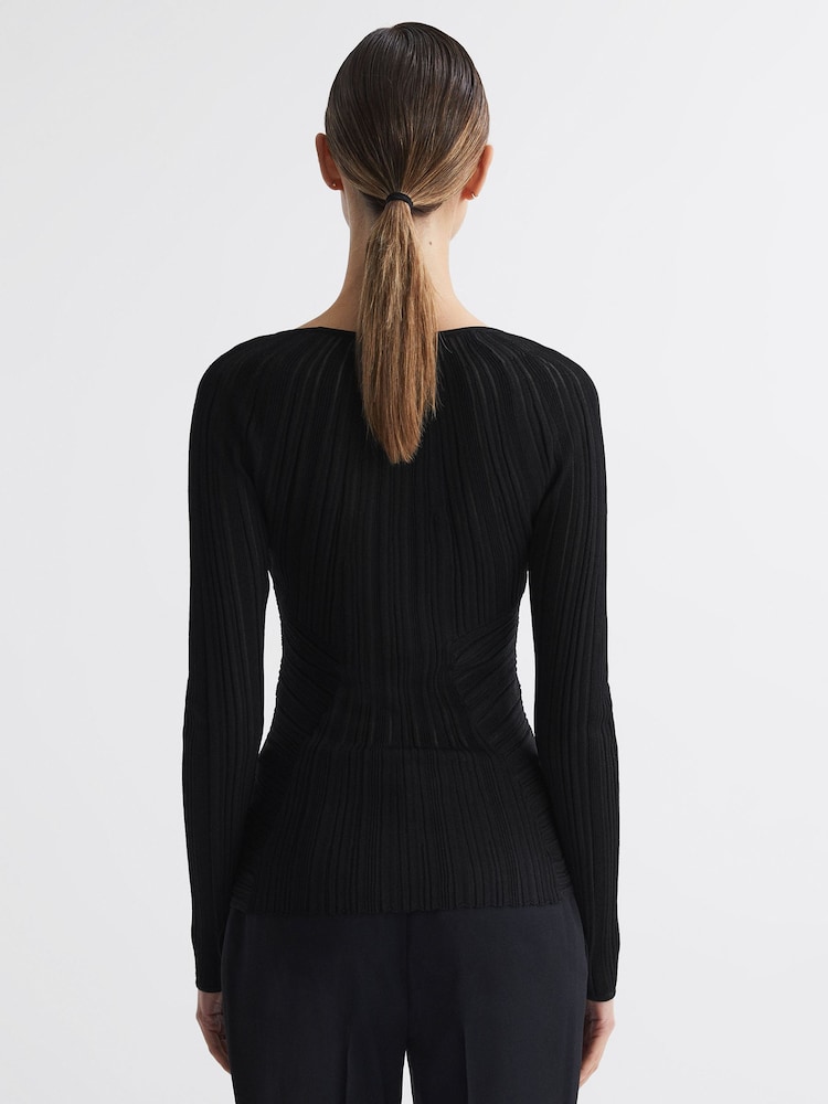 Reiss Black Lenni Sheer Knitted Long Sleeve Top - Image 5 of 5