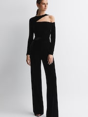 Reiss Black Adele Velvet Off-The-Shoulder Jumpsuit - Image 1 of 5