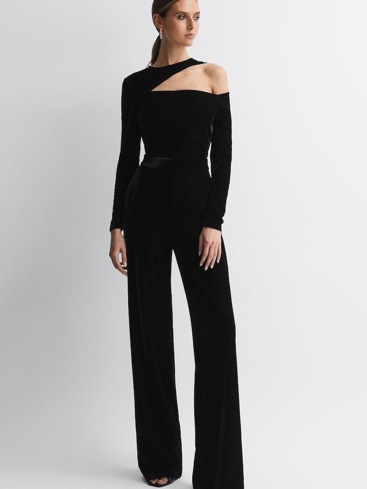 Reiss Black Adele Velvet Off-The-Shoulder Jumpsuit - Image 1 of 5