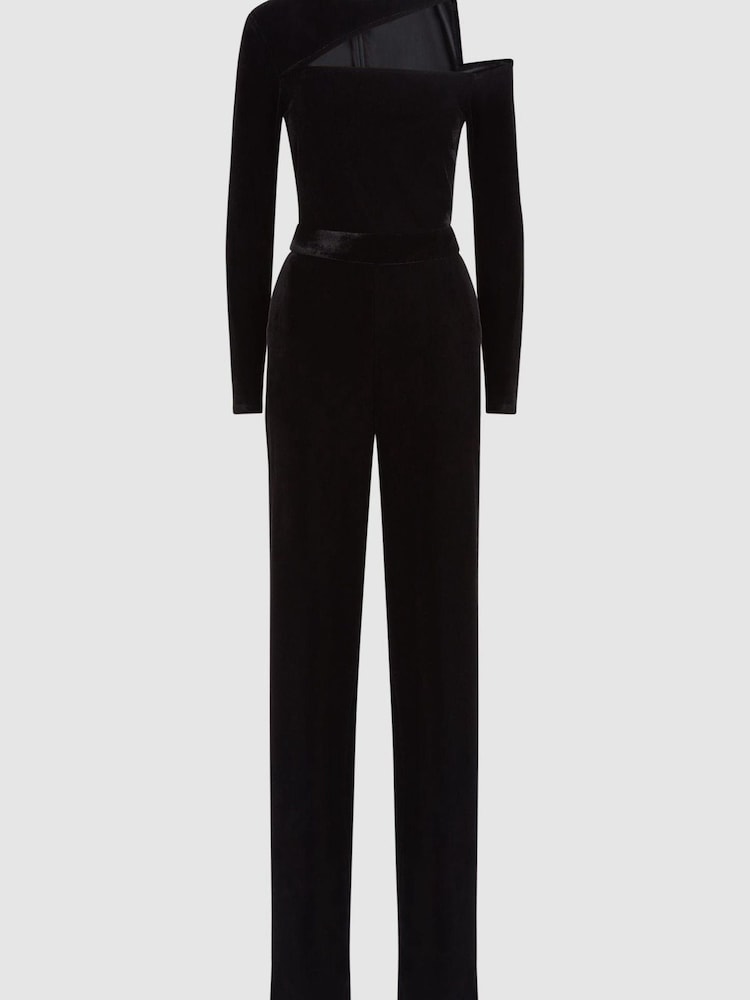 Reiss Black Adele Velvet Off-The-Shoulder Jumpsuit - Image 2 of 5
