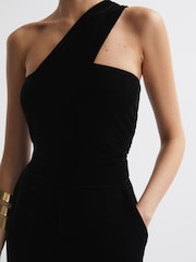 Reiss Black Winter Petite Velvet One-Shoulder Jumpsuit - Image 1 of 5