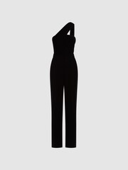 Reiss Black Winter Petite Velvet One-Shoulder Jumpsuit - Image 2 of 5