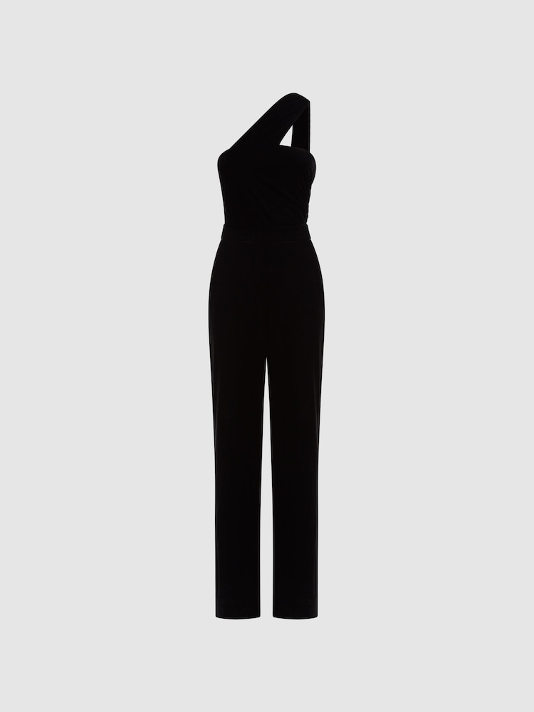 Reiss Black Winter Petite Velvet One-Shoulder Jumpsuit - Image 2 of 5