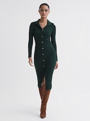 Reiss Green Maria Petite Button Through Bodycon Midi Dress - Image 1 of 6