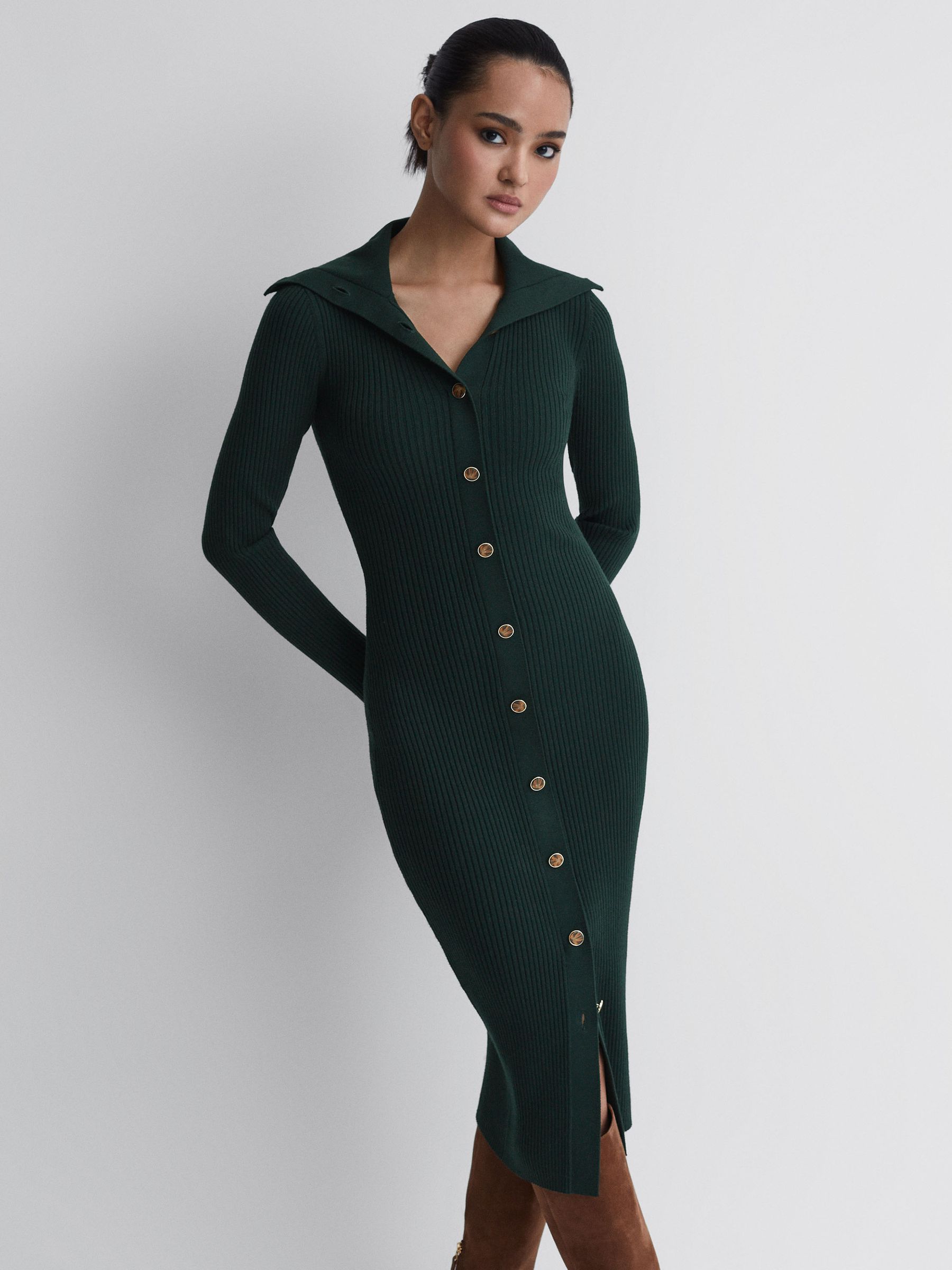 Buy Reiss Green Maria Petite Button Through Bodycon Midi Dress from Next Luxembourg