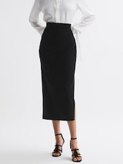 Reiss Black Leona Velvet Ruched Midi Skirt - Image 1 of 5