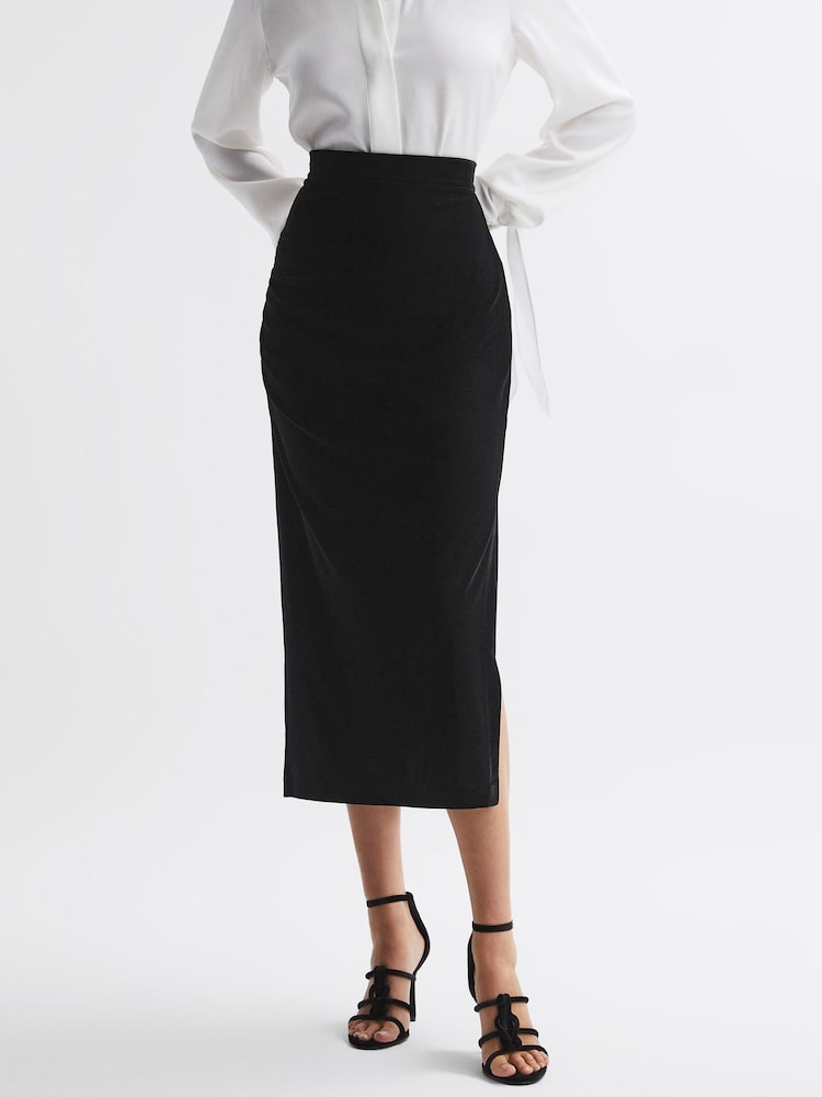 Reiss Black Leona Velvet Ruched Midi Skirt - Image 1 of 5