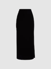 Reiss Black Leona Velvet Ruched Midi Skirt - Image 2 of 5