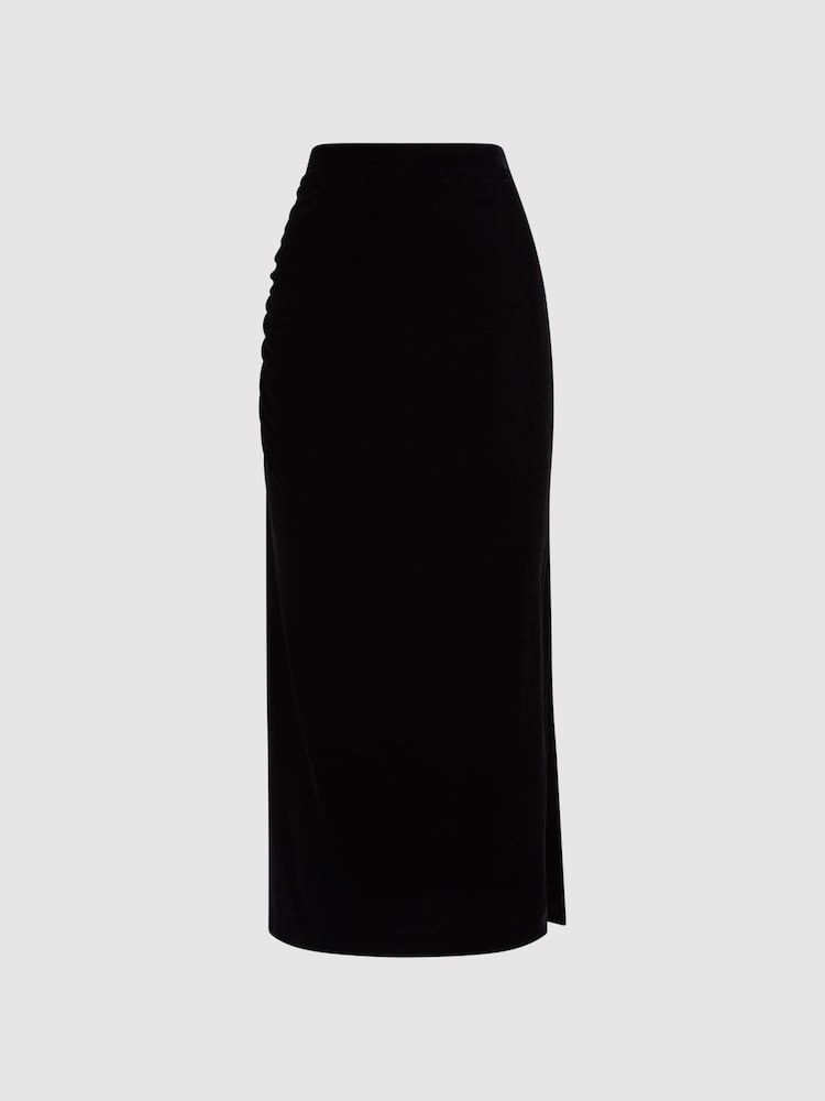 Reiss Black Leona Velvet Ruched Midi Skirt - Image 2 of 5