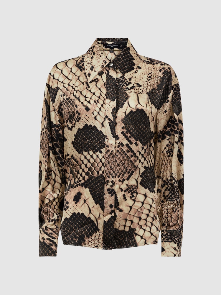 Reiss Snake Flora Silk Snake Print Drape Back Shirt - Image 2 of 6