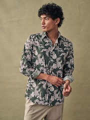 Olive Green/Neutral Brown Floral Slim Fit Printed Trimmed Shirt - Image 1 of 8