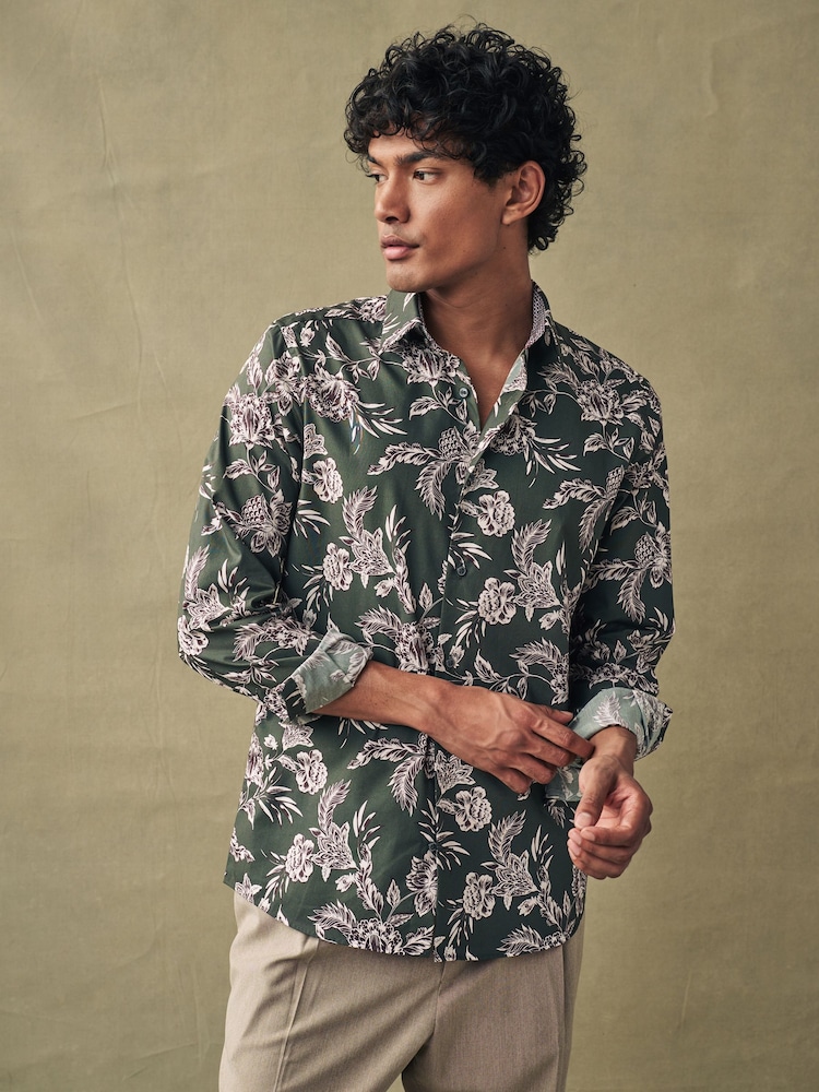 Olive Green/Neutral Brown Floral Slim Fit Printed Trimmed Shirt - Image 1 of 8