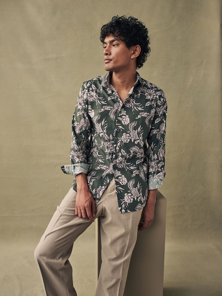 Olive Green/Neutral Brown Floral Slim Fit Printed Trimmed Shirt - Image 2 of 8
