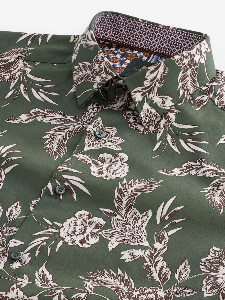 Olive Green/Neutral Brown Floral Slim Fit Printed Trimmed Shirt - Image 8 of 8