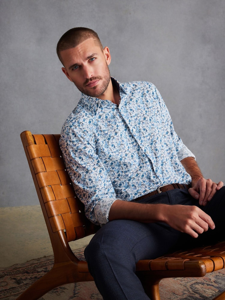 White/Blue Floral Bird Single Cuff Signature Trimmed Shirt - Image 1 of 7 White/Blue Floral Bird Single Cuff Signature Trimmed Shirt - Image 1 of 7