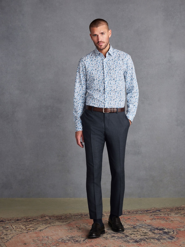 White/Blue Floral Bird Single Cuff Signature Trimmed Shirt - Image 2 of 7 White/Blue Floral Bird Single Cuff Signature Trimmed Shirt - Image 2 of 7