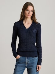 Lauren Ralph Lauren Blue Meren Cotton Blend V-Neck Sweater with Crest - Image 1 of 9
