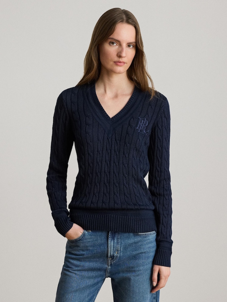 Lauren Ralph Lauren Blue Meren Cotton Blend V-Neck Sweater with Crest - Image 1 of 9