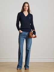 Lauren Ralph Lauren Blue Meren Cotton Blend V-Neck Sweater with Crest - Image 3 of 9