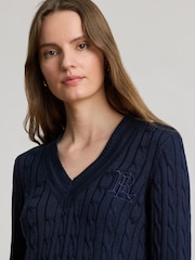 Lauren Ralph Lauren Blue Meren Cotton Blend V-Neck Sweater with Crest - Image 4 of 9