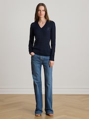 Lauren Ralph Lauren Blue Meren Cotton Blend V-Neck Sweater with Crest - Image 5 of 9