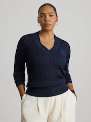 Lauren Ralph Lauren Blue Meren Cotton Blend V-Neck Sweater with Crest - Image 6 of 9