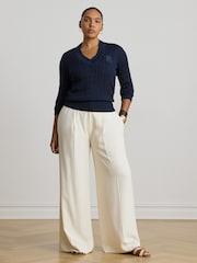 Lauren Ralph Lauren Blue Meren Cotton Blend V-Neck Sweater with Crest - Image 7 of 9