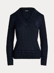 Lauren Ralph Lauren Blue Meren Cotton Blend V-Neck Sweater with Crest - Image 9 of 9