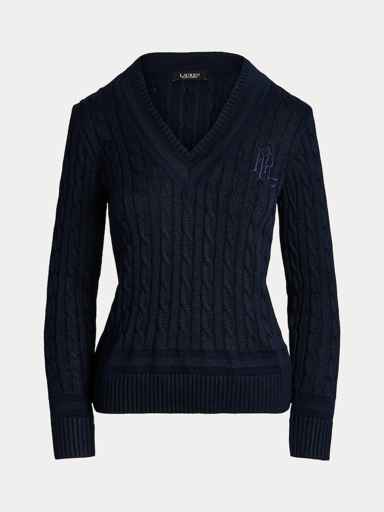 Lauren Ralph Lauren Blue Meren Cotton Blend V-Neck Sweater with Crest - Image 9 of 9