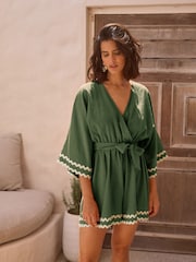 Khaki Green 100% Cotton Wrap Rik Rak Belted Playsuit - Image 1 of 8