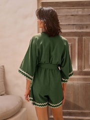 Khaki Green 100% Cotton Wrap Rik Rak Belted Playsuit - Image 3 of 8