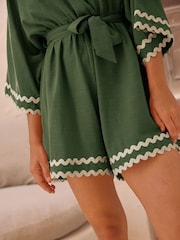 Khaki Green 100% Cotton Wrap Rik Rak Belted Playsuit - Image 5 of 8