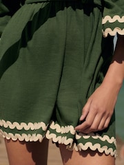Khaki Green 100% Cotton Wrap Rik Rak Belted Playsuit - Image 6 of 8