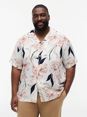 Tommy Hilfiger Cream Plus Regular Tropical Print Linen Short Sleeve Shirt - Image 1 of 5