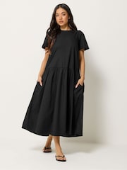 PixieGirl Petite Black Poplin Volume Maxi Dress - Image 1 of 5
