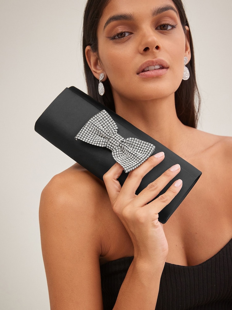 Black Sparkle Bow Clutch Bag - Image 1 of 12
