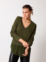 Khaki Green V-Neck Utility Pocket Layer Jumper - Image 1 of 6