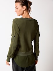 Khaki Green V-Neck Utility Pocket Layer Jumper - Image 3 of 6