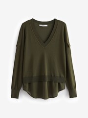 Khaki Green V-Neck Utility Pocket Layer Jumper - Image 5 of 6
